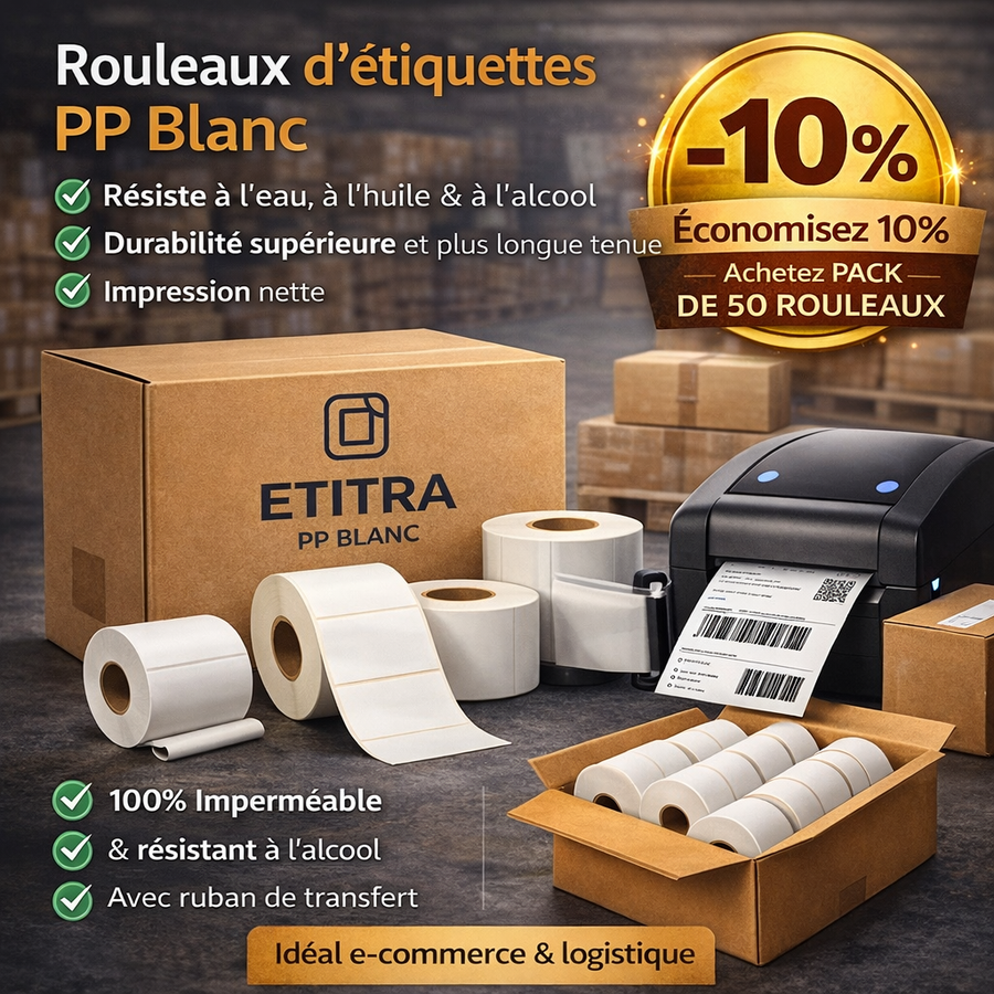 Pack 50 rouleaux étiquettes PP blanc transfert thermique – Résistant eau, huile & alcool