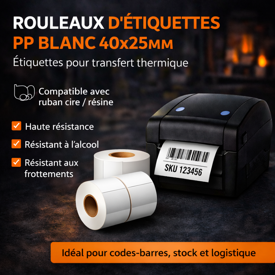 Rouleau d’étiquettes PP blanc 40x25 mm - 2000 étiquettes