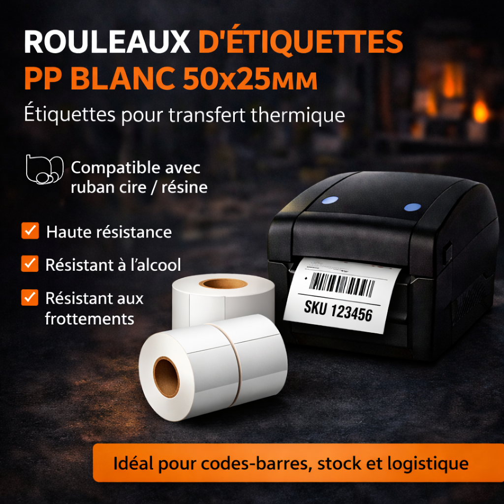 Rouleau d’étiquettes PP blanc 50x25 mm - 2000 étiquettes