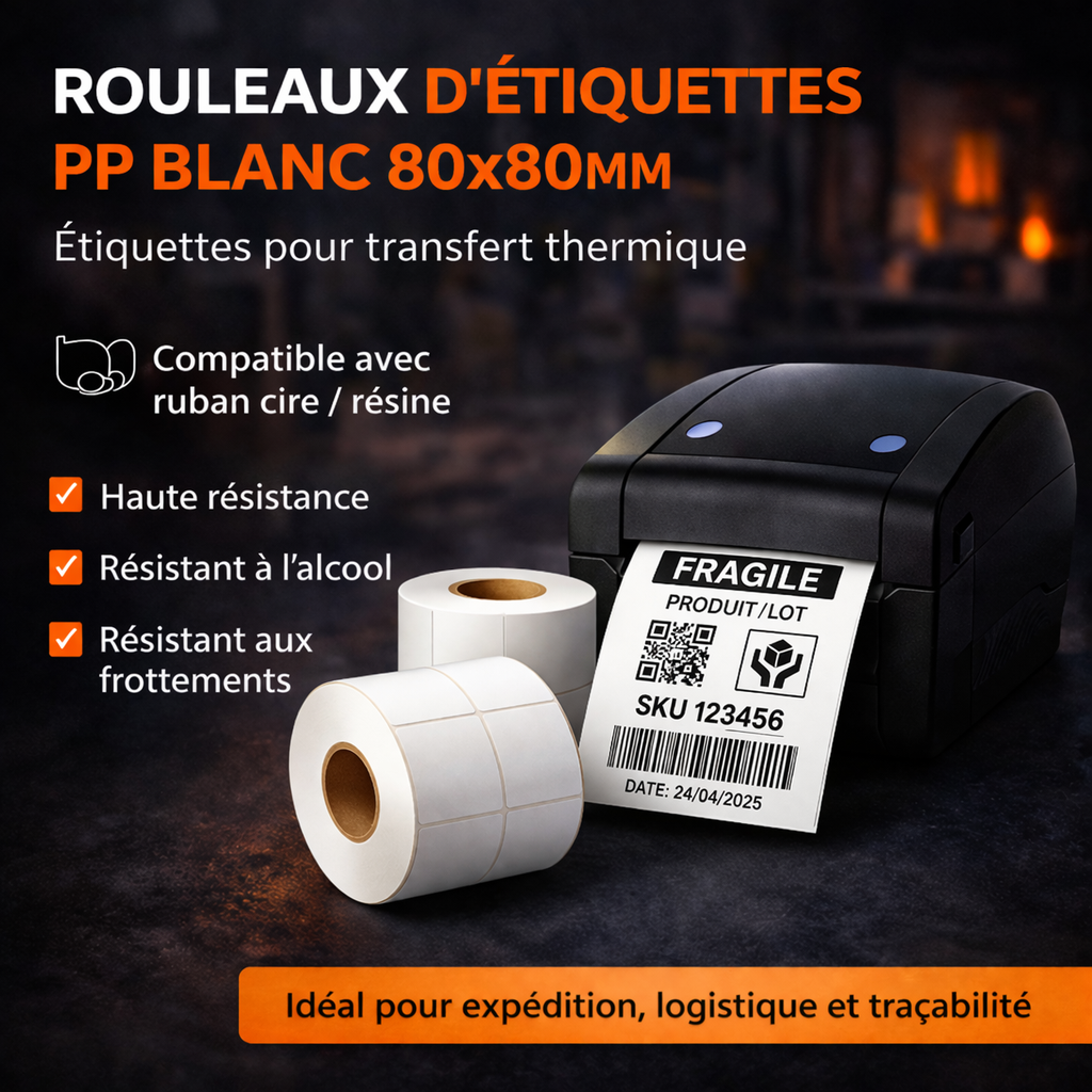 Rouleaux d’étiquettes PP blanc 80x80 mm