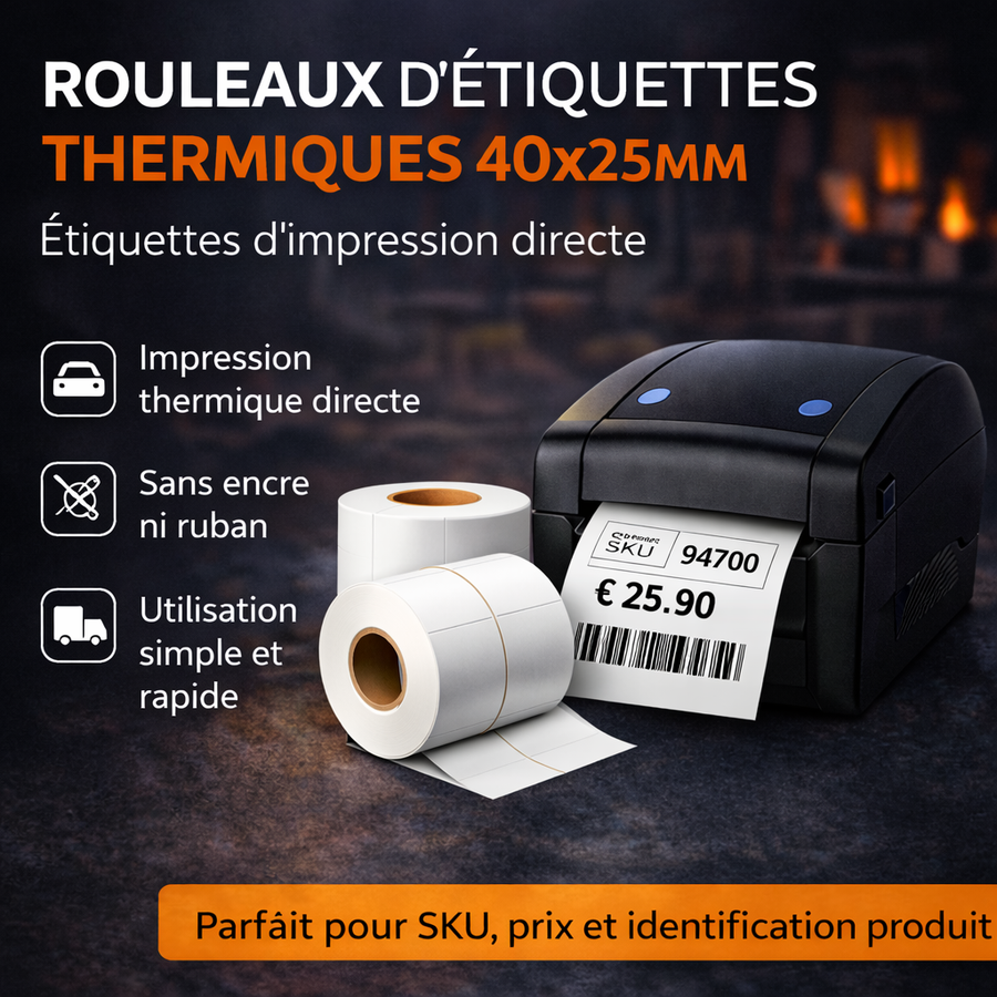 Rouleaux d’étiquettes Papier thermiques 40x25 mm – 2000 étiquettes – Code-barres & Prix