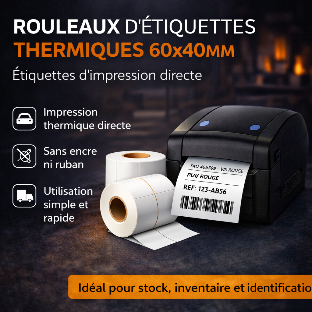 Rouleau d’étiquettes Papier thermiques 60x40 mm – 2000 étiquettes – Inventaire & Identification  ✅ Code SKU