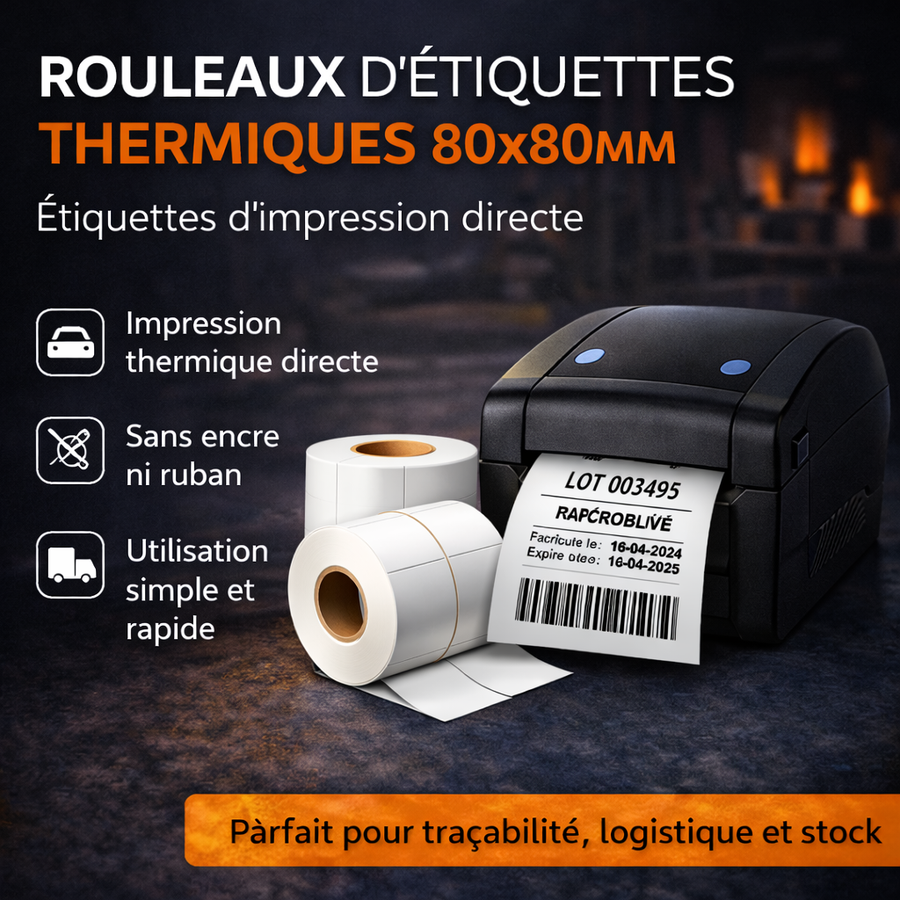 Rouleau d’étiquettes Papier thermiques 80x80 mm – Impression directe – Traçabilité & Stock