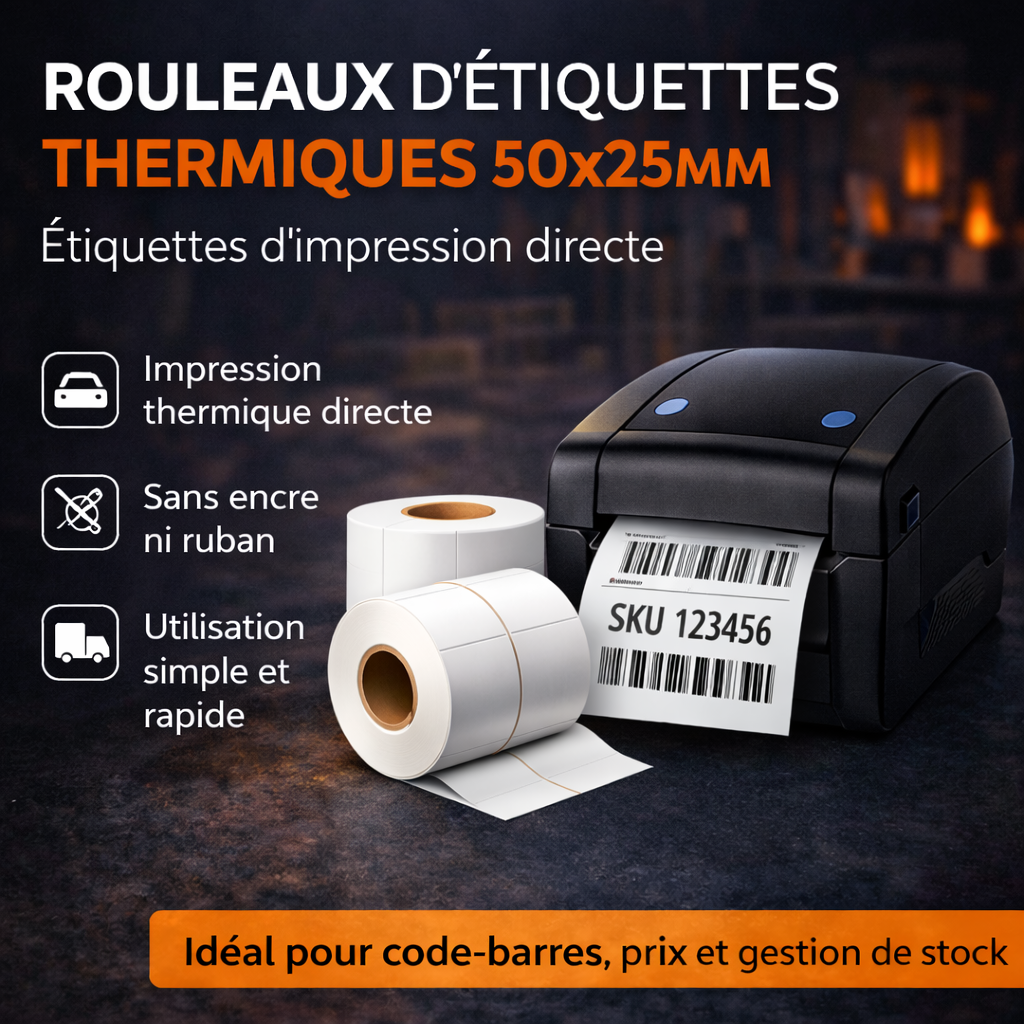Rouleau d’étiquettes Papier thermiques 50x25 mm – 2000 étiquettes – Stock & Code-barres